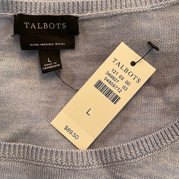 New with tags Talbots Merino Pearl Button Puff Sleeve Sweater Baby Blue Large - Picture 2 of 8